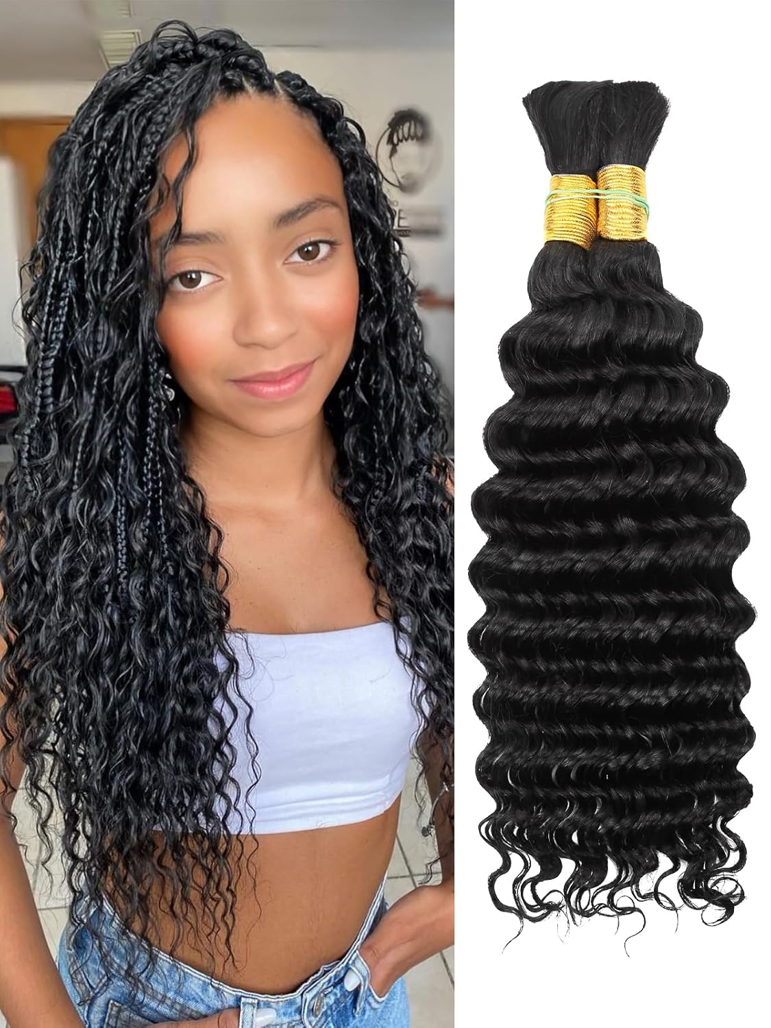 1B Black Human Braiding Hair Deep Wave Bulk for Boho Styles