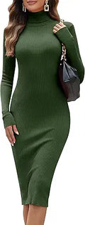 Turtleneck Ribbed Knit Long Sleeve Slim Fit Sweater Dress - Cozy Slim