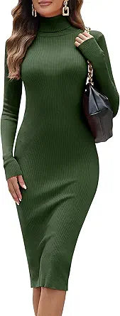 Stylish Women's Turtleneck Ribbed Knit Long Sleeve Sweater Dress