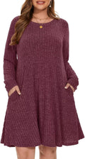 Sweater Dress Plus Size Long Sleeve Ribbed Knit Crew Neck - Cozy Fit