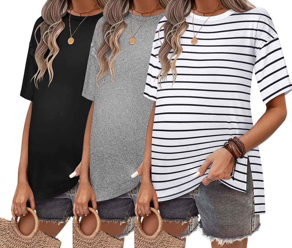 Ekouaer Maternity Shirts 3 Packs for Comfortable Pregnancy Wear