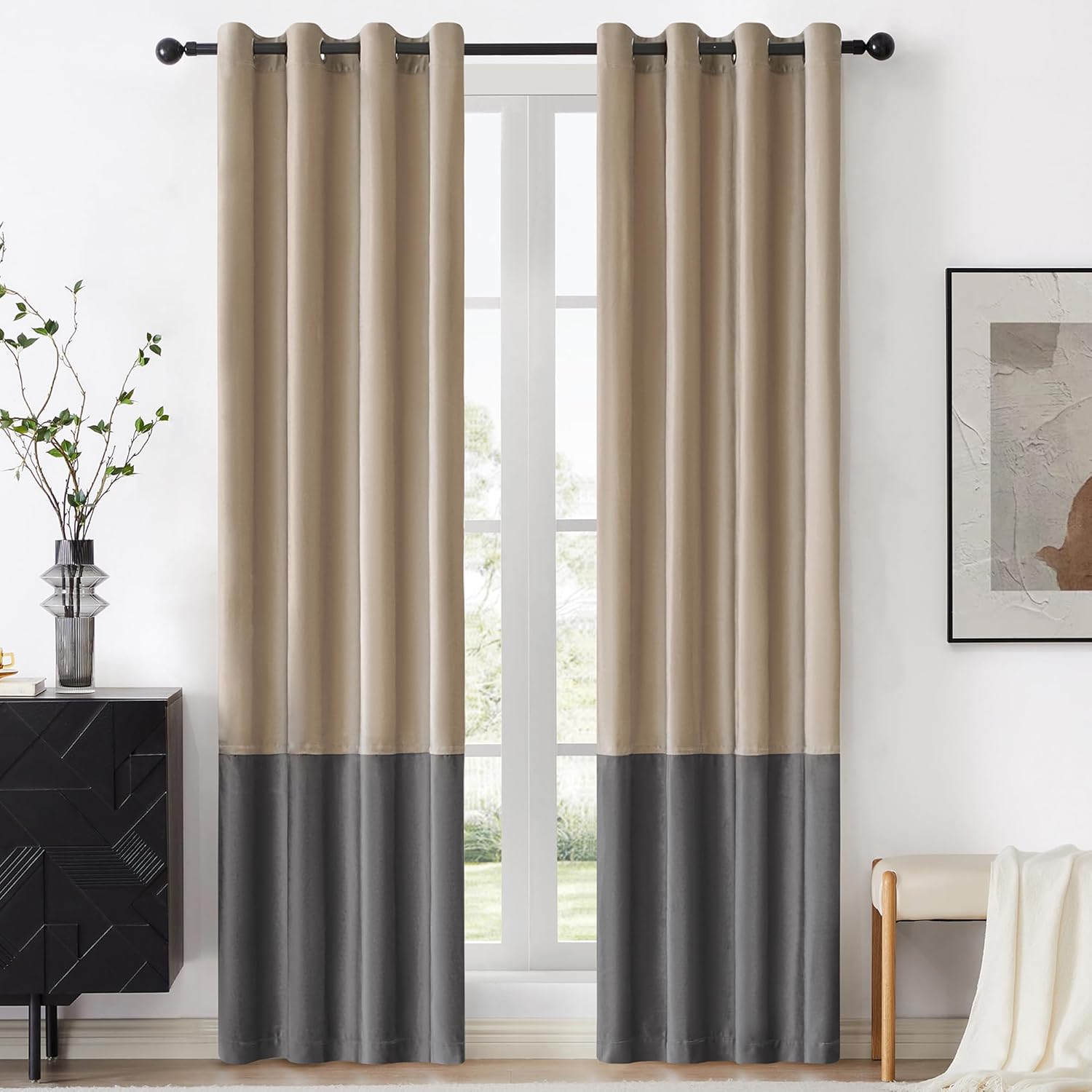 Champagne Grey Color Block Velvet Curtains for Darkening Rooms