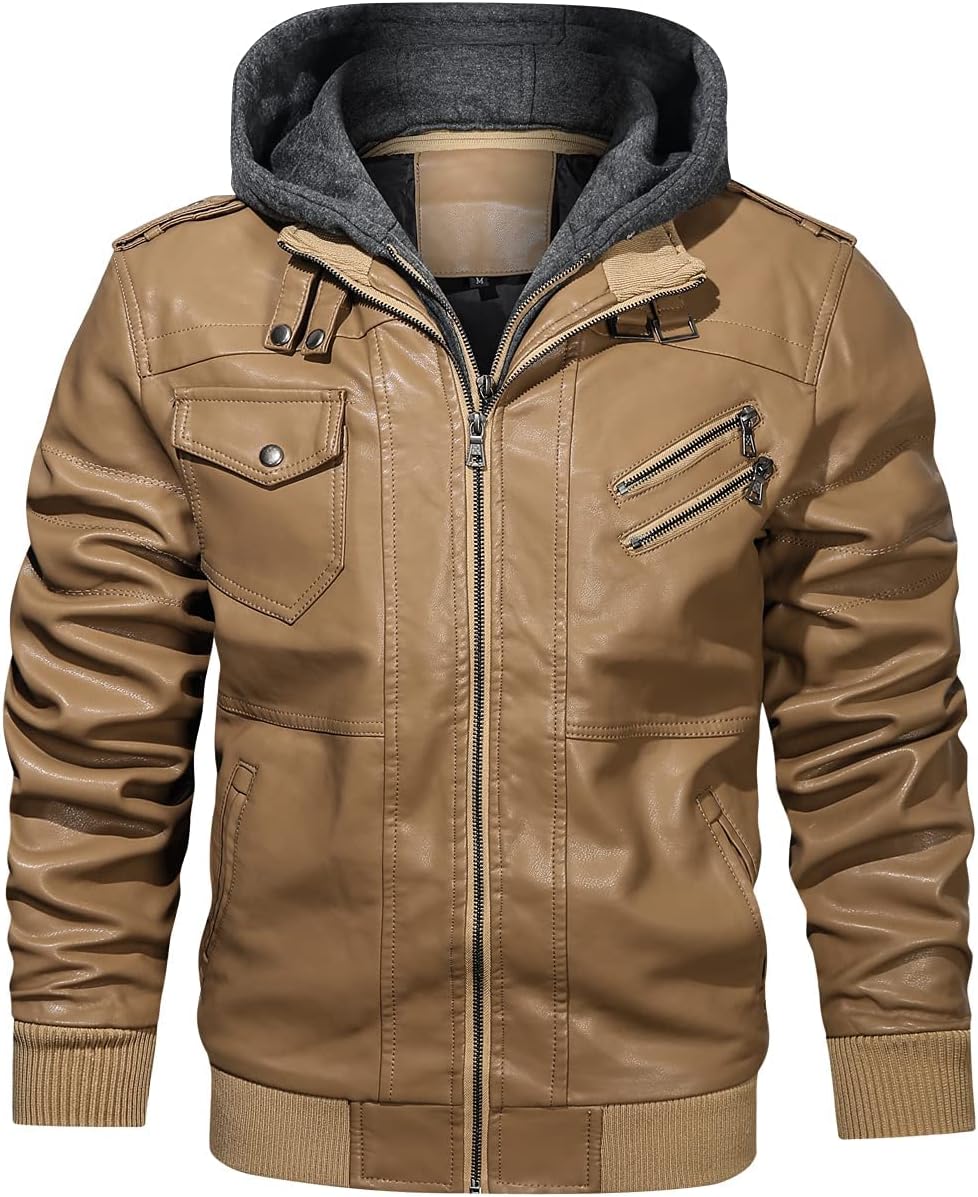 Mens Casual Stand Collar PU Faux Leather Zip-Up Motorcycle Jacket