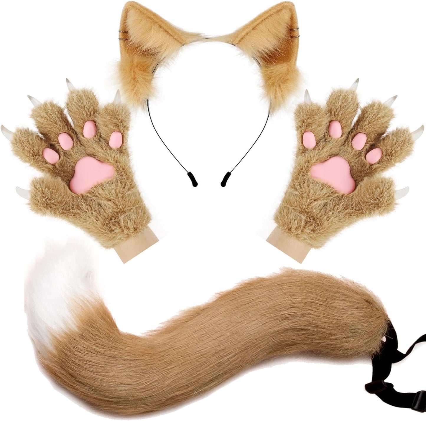 HAOAN Wolf Fox Tail Clip Ears and Gloves Set for Costumes