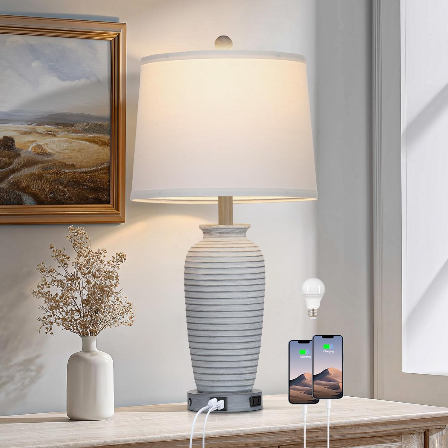 25 Inch Vintage Farmhouse Jar Table Lamps with USB Ports
