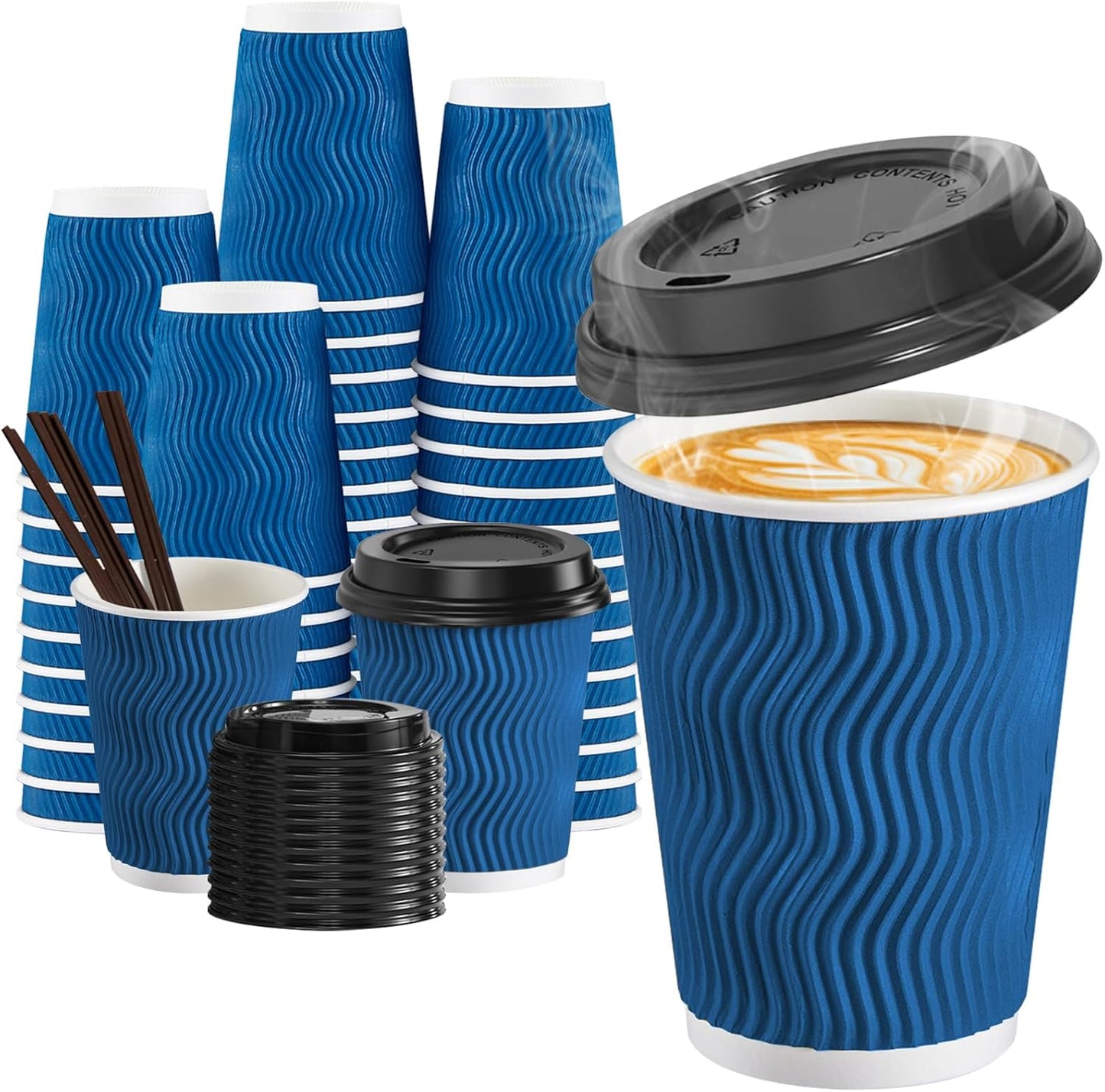 90 Pack 12 oz Disposable Coffee Cups with Lids and Straws