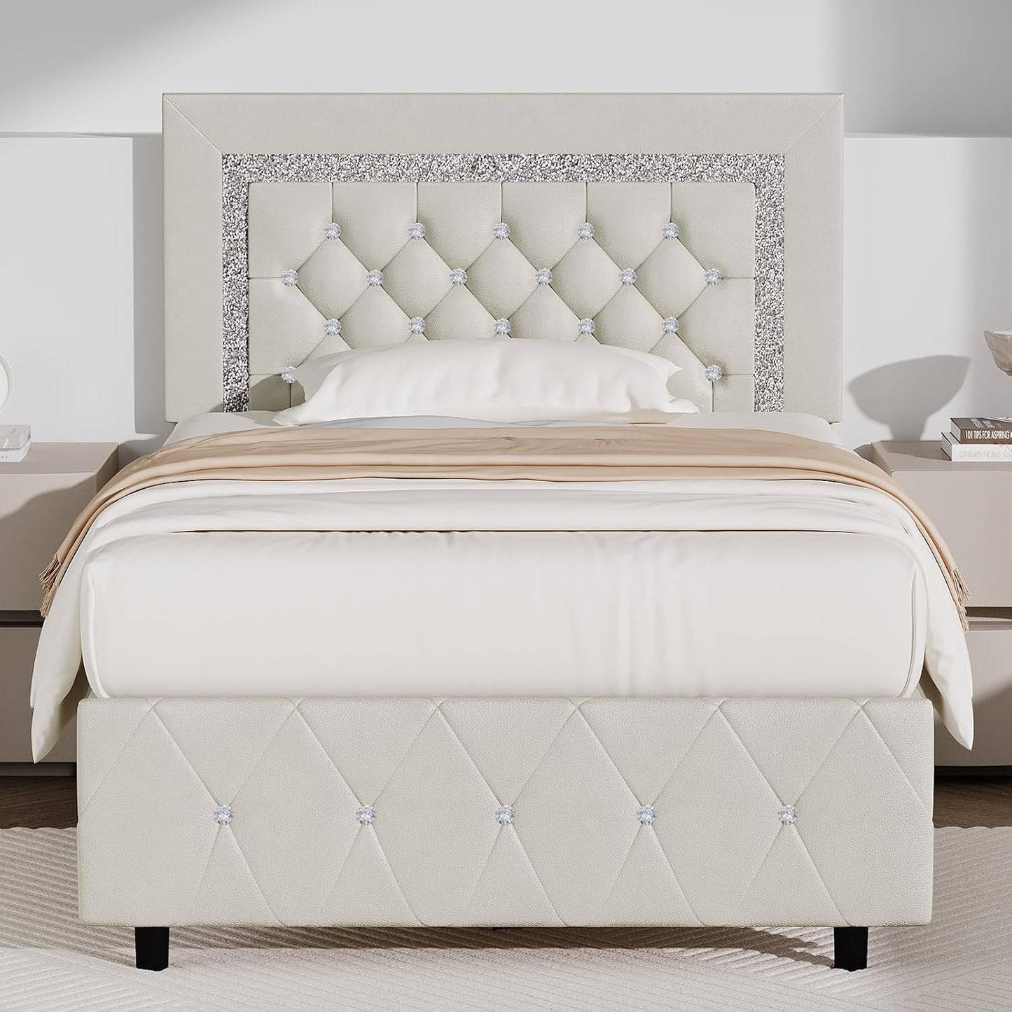 BarnFurin Twin Bed Frame with Diamond Tufted Headboard in Cream