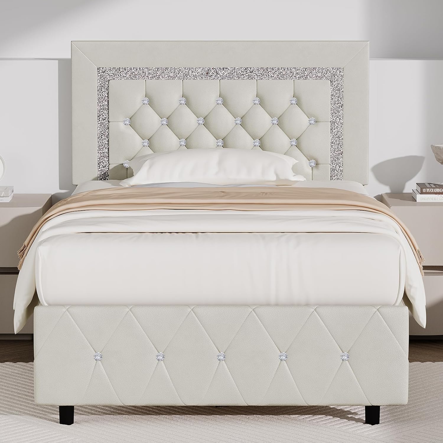 BarnFurin Twin Bed Frame with Diamond Tufted Headboard in Cream