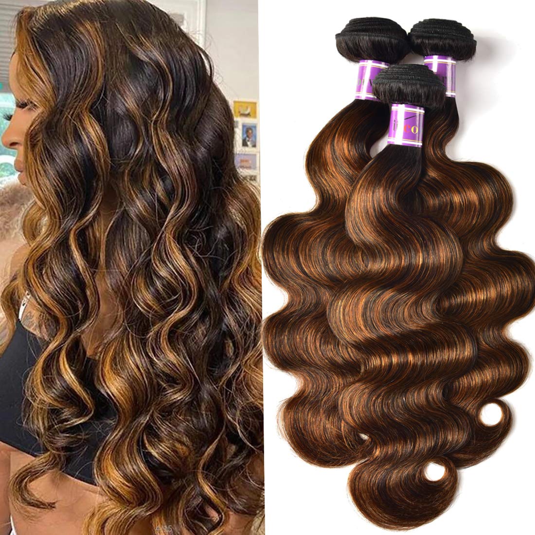 UNice Brown Highlight Body Wave Human Hair Weave 3 Bundles