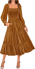 ZESICA Velvet Square Neck Smocked Ruffle Midi Dress - Flattering