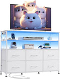 WLIVE White TV Stand with LED Lights and Charging Station