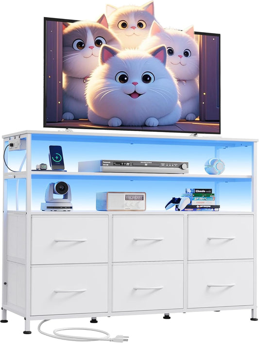 WLIVE White TV Stand with LED Lights and Charging Station