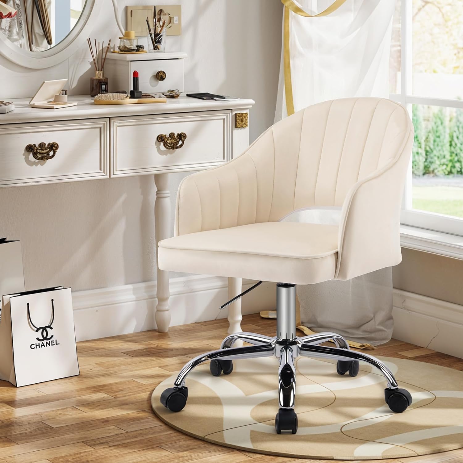 MOJAY Modern Velvet Vanity Chair with Wheels for Home Office