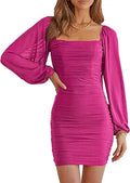 MASCOMODA Square Neck Lantern Sleeve Ruched Bodycon Mini Dress Other