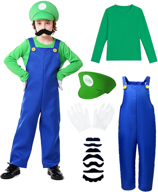 Kids Plumber Jumpsuit Costume Set with Hat and Gloves for Fun