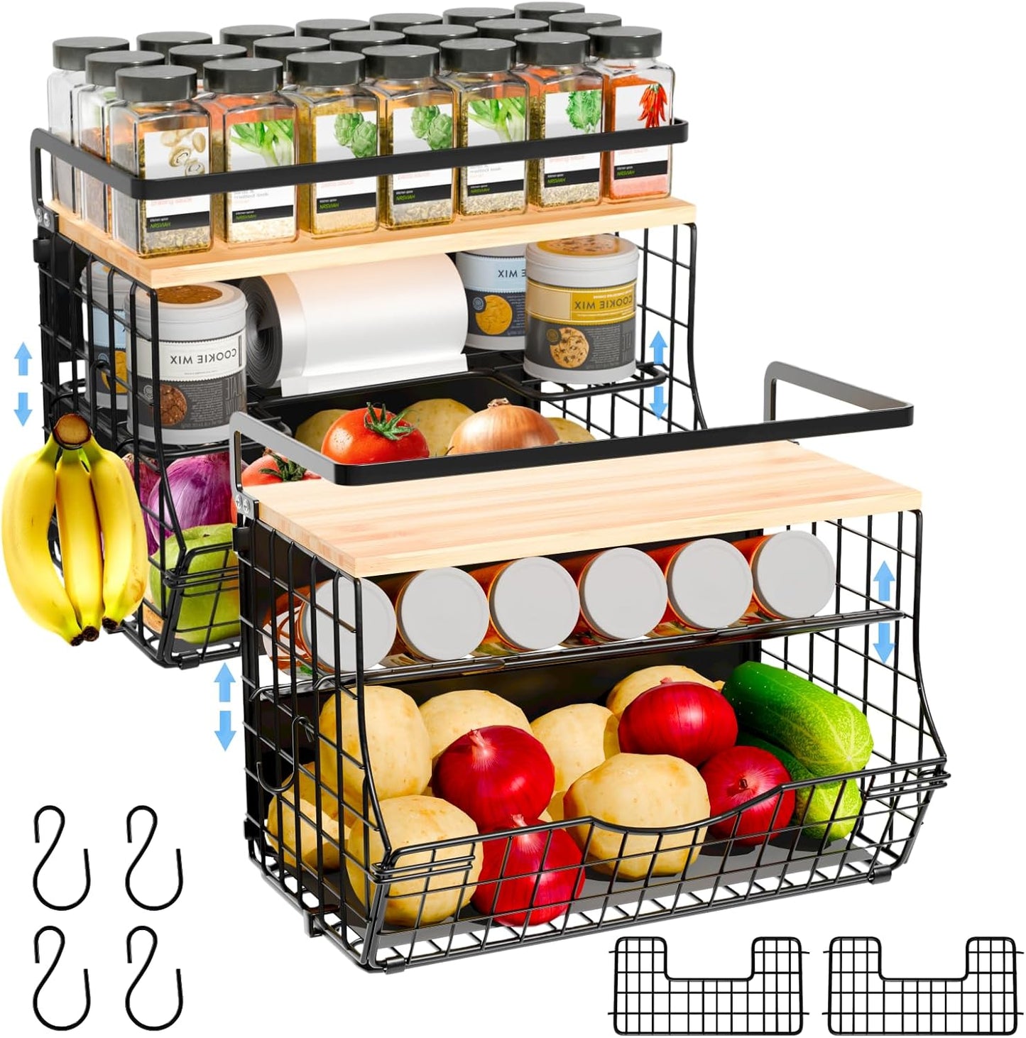 Magnetic Shelf for Fridge with Wood Lid - 2 Pack Storage Bins