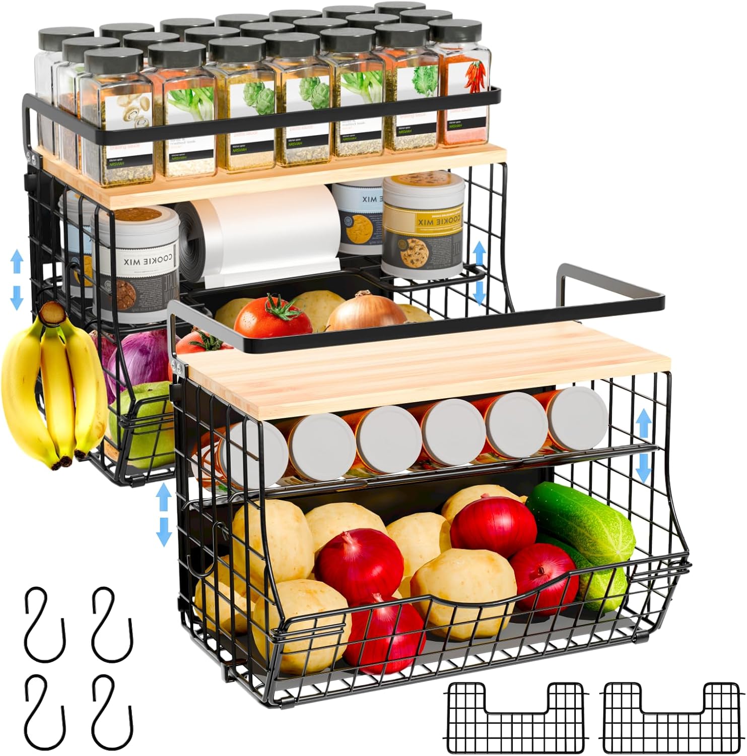 Magnetic Shelf for Fridge with Wood Lid - 2 Pack Storage Bins