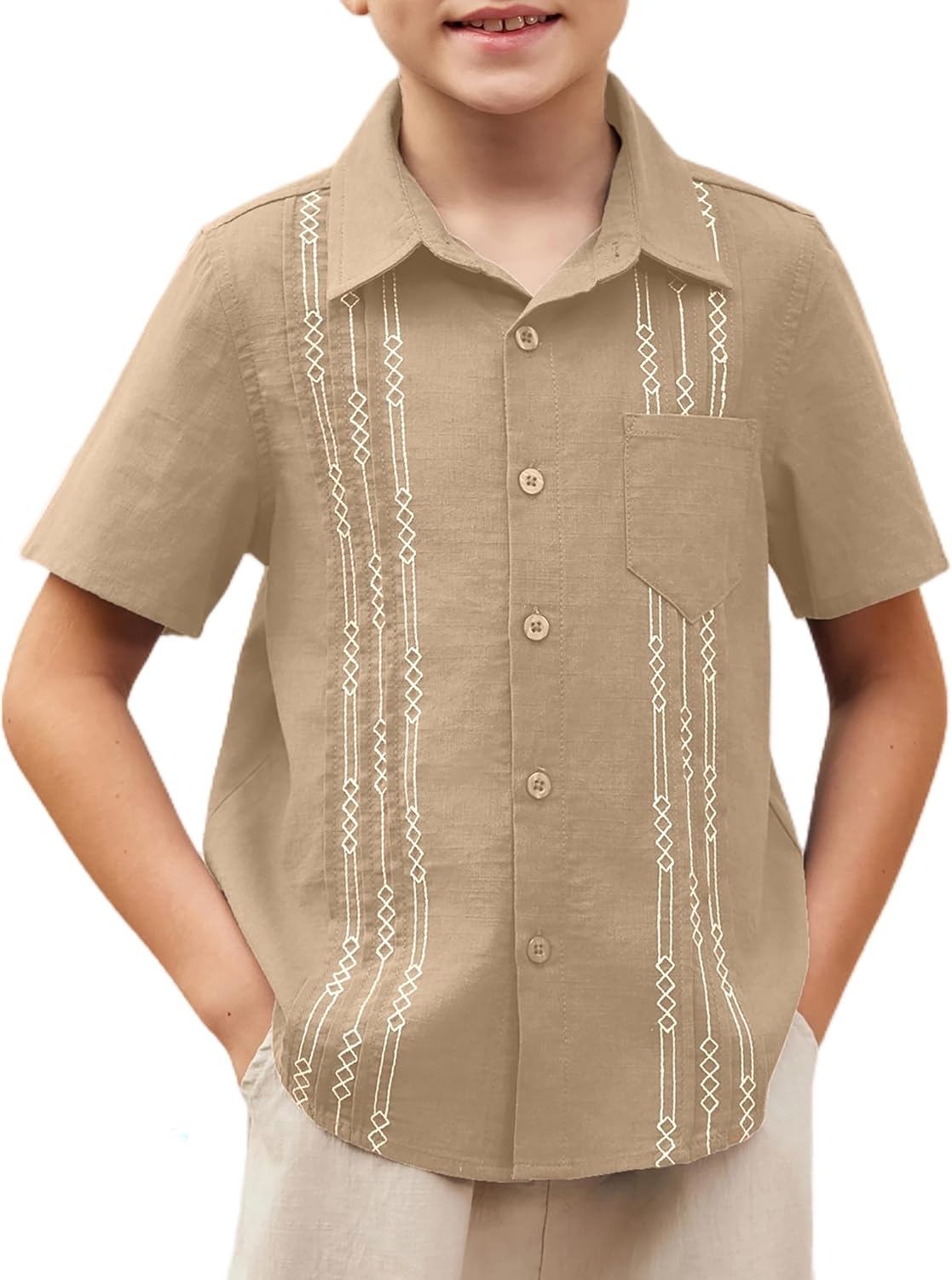 Boys Guayabera Shirt Short Sleeve Cotton Linen Summer Tops