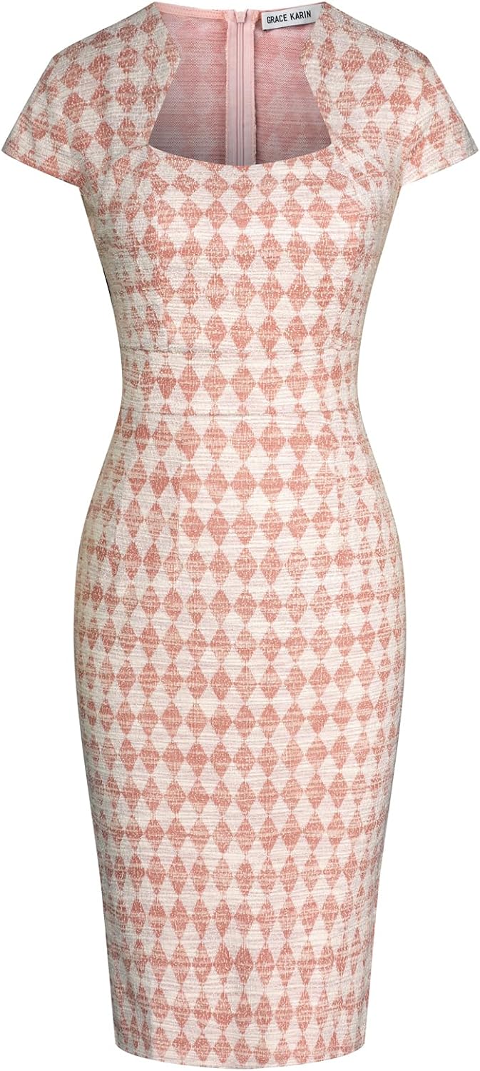 Gorgeous Pencil Dress for Work with Cap Sleeves and Tweed Design