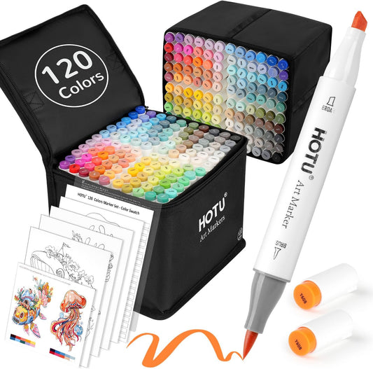 Dual Tip Alcohol Markers Set - 120 Colors for Creative Art