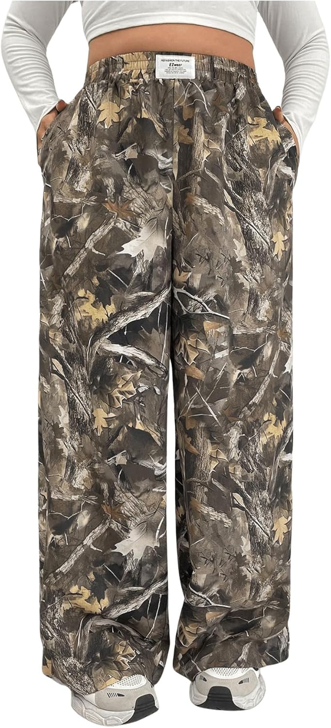 Women's Leopard Print Straight Leg Pants with Elastic Waist