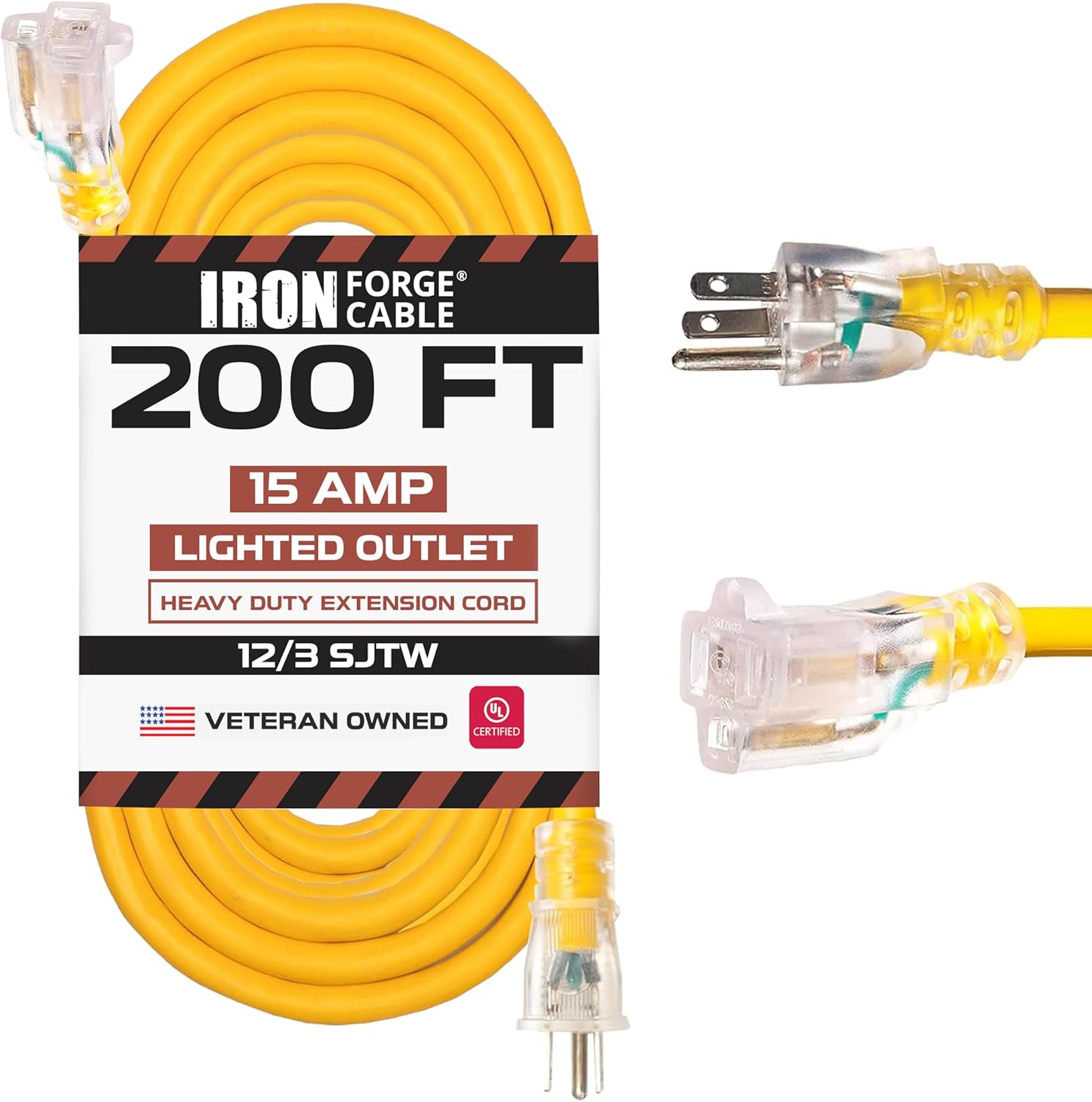 200 Foot Lighted Outdoor Extension Cord for Heavy Duty Use