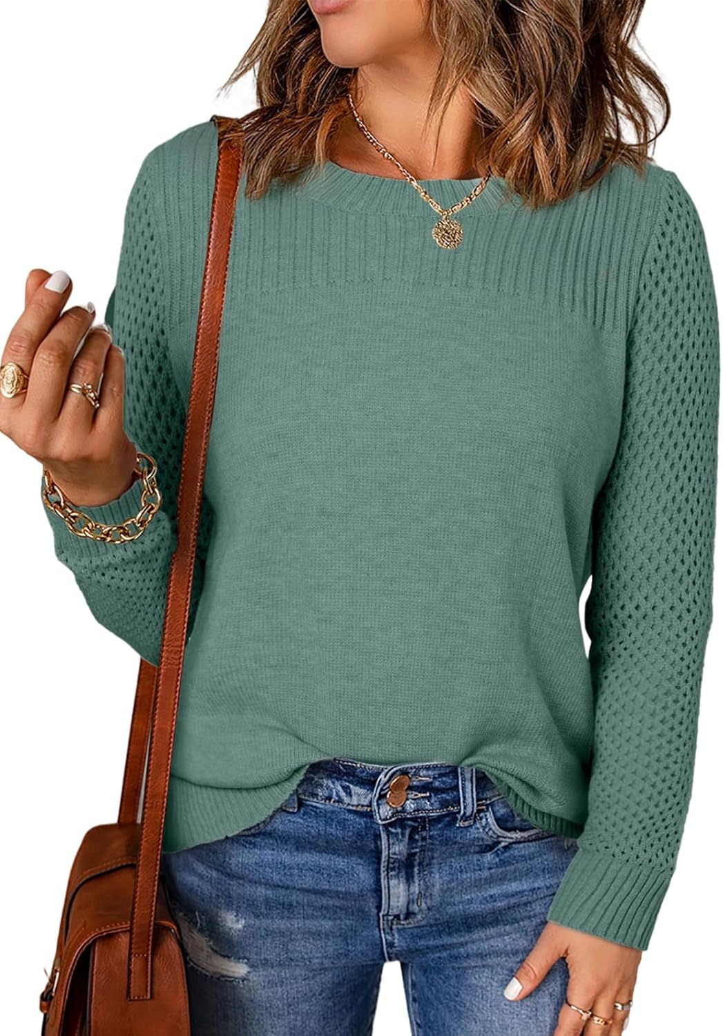 EVALESS Womens Casual Long Sleeve Crewneck Cable Knit Sweater