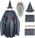 Wizard Costume with Wig Adult Warlock Robe Men Sorcerer Costume Grey