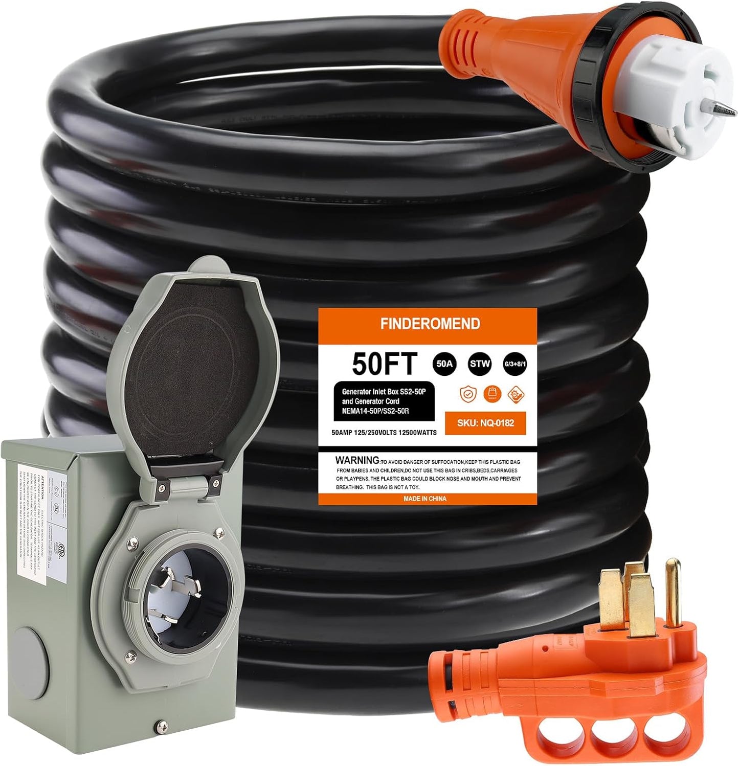 50 ft 50 Amp Generator Cord and Inlet Box Combo Kit for RVs