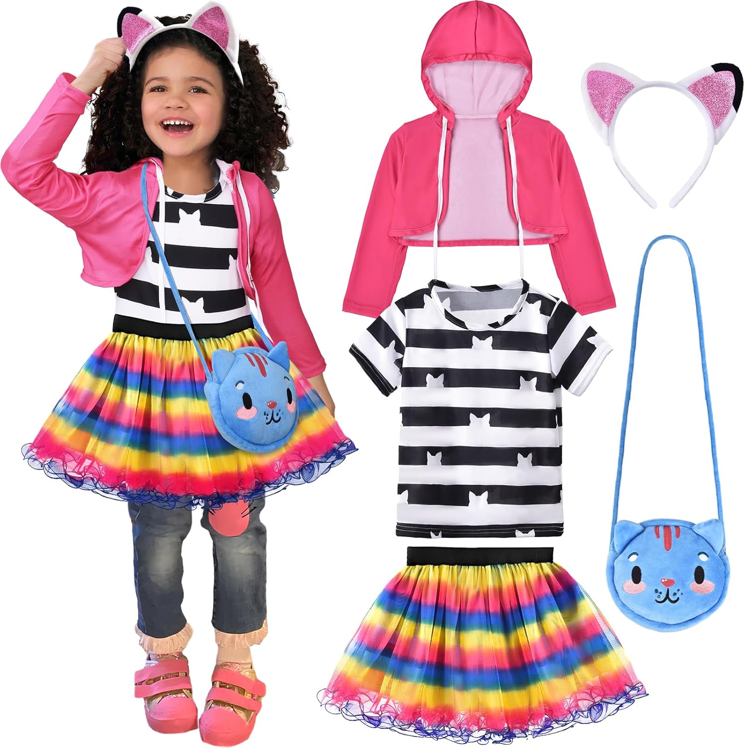 Latocos Girls Cat Dollhouse Costume with Rainbow Tutu Dress