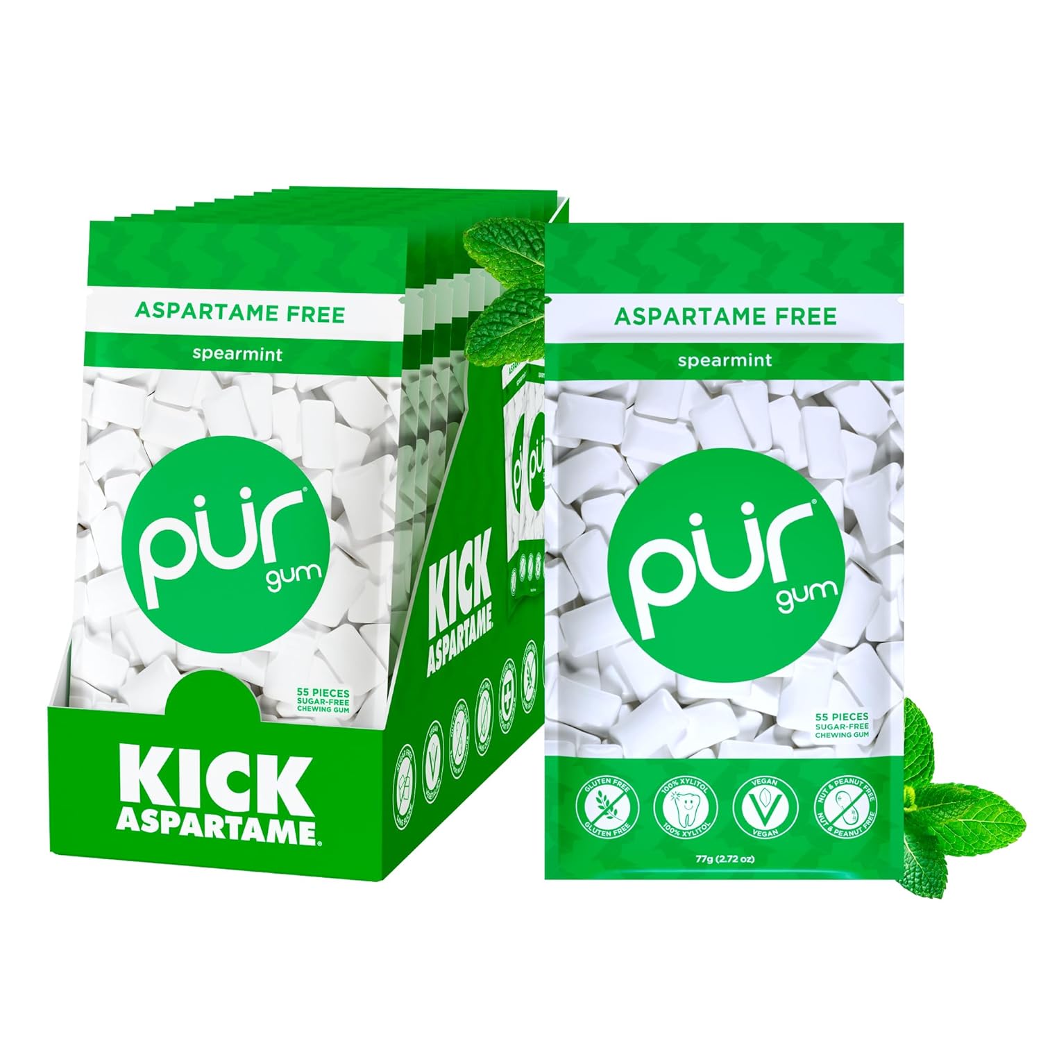 PUR Gum Spearmint Flavor - Aspartame Free Chewing Gum Pack