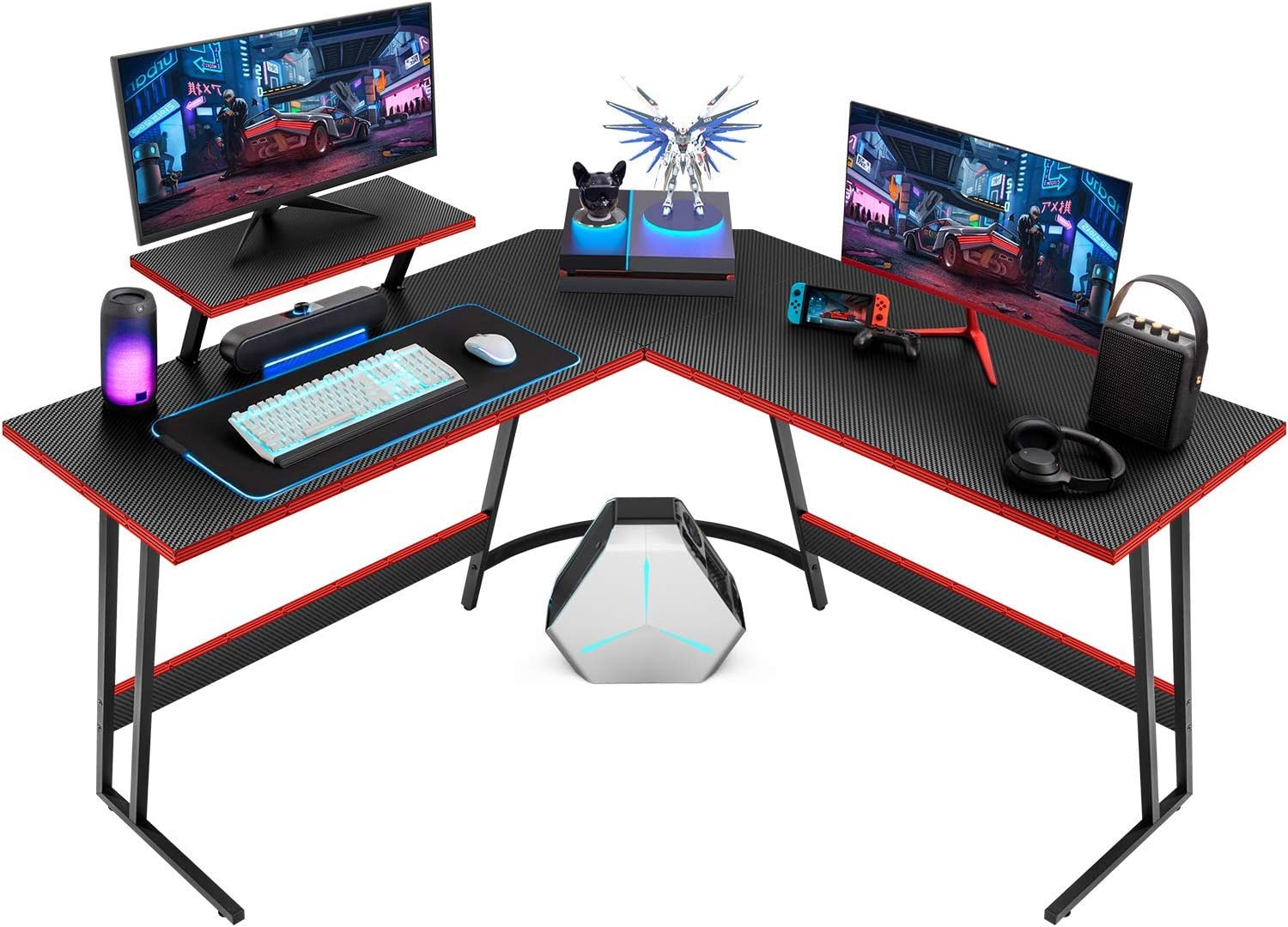 Sturdy L-Shaped Gaming Desk with Monitor Riser - Black, 51 Inch