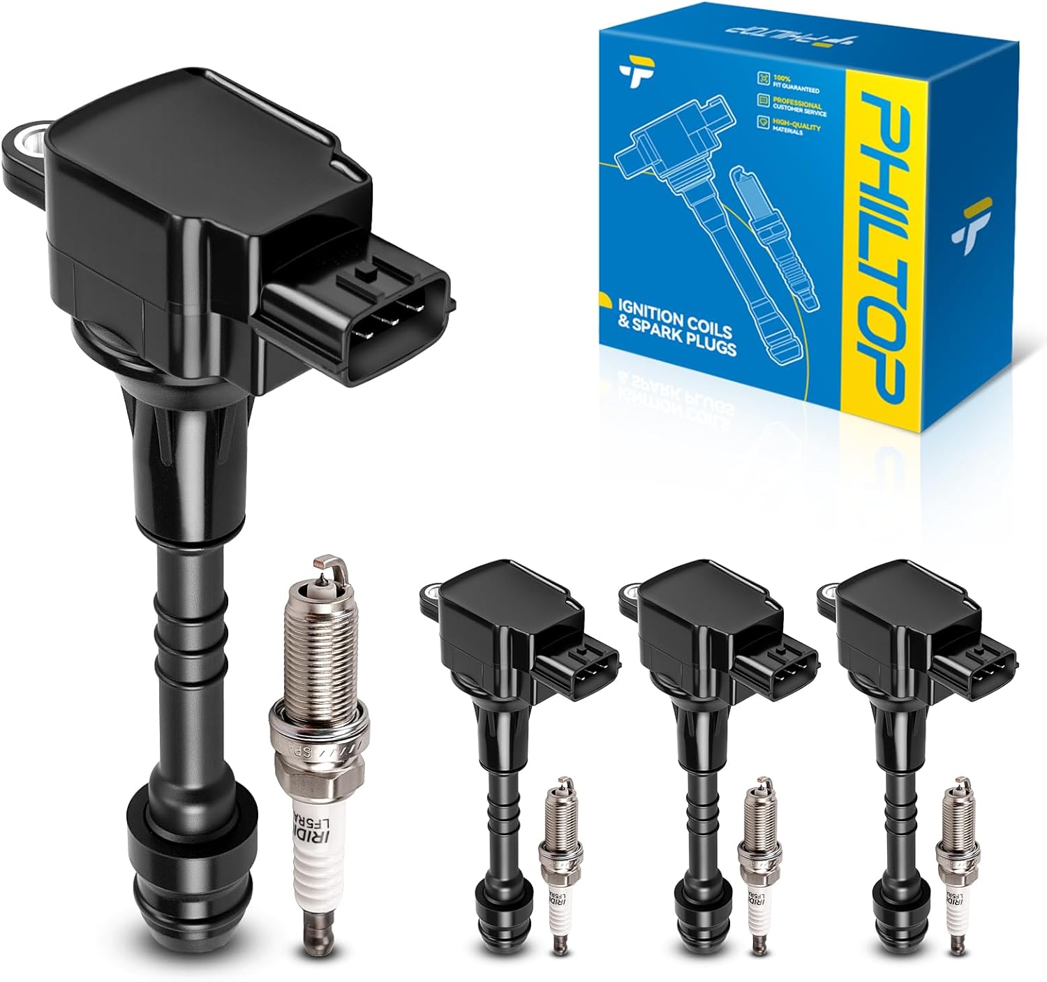 PHILTOP Set of 4 Ignition Coil Pack and Spark Plugs for Nissan