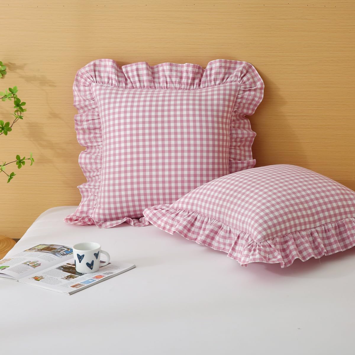 Vintage Pink White Plaid Ruffle Throw Pillow Covers for Home