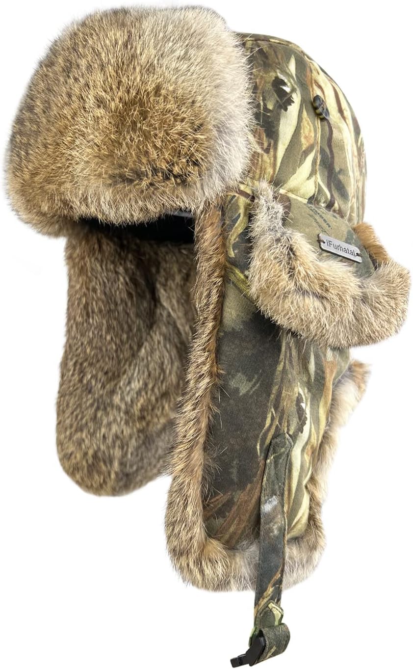 100% Real Rabbit Fur Winter Trapper Hat for Men and Women