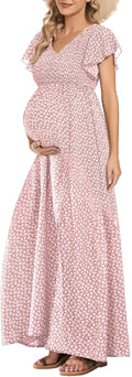 Floral Print V Neck Maternity Dress Boho - Flowy Smocked Maxi Graceful