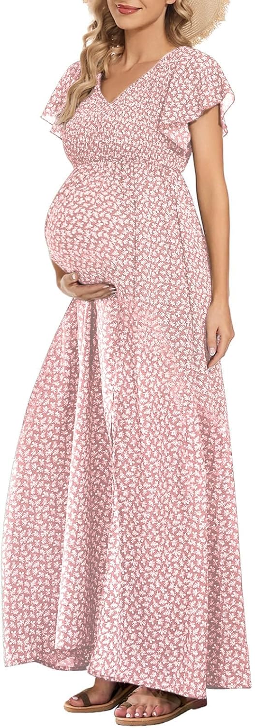 Floral Print V Neck Maternity Dress for Baby Showers & Photoshoots