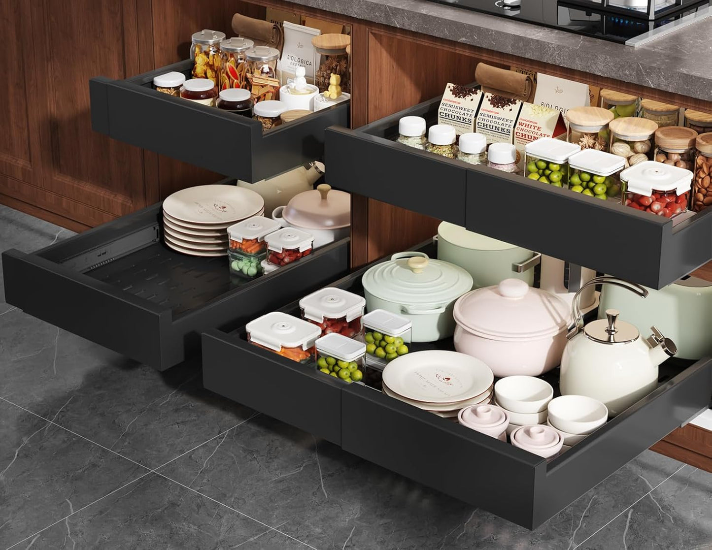 Pull Out Cabinet Organizer with Adjustable Width and Depth
