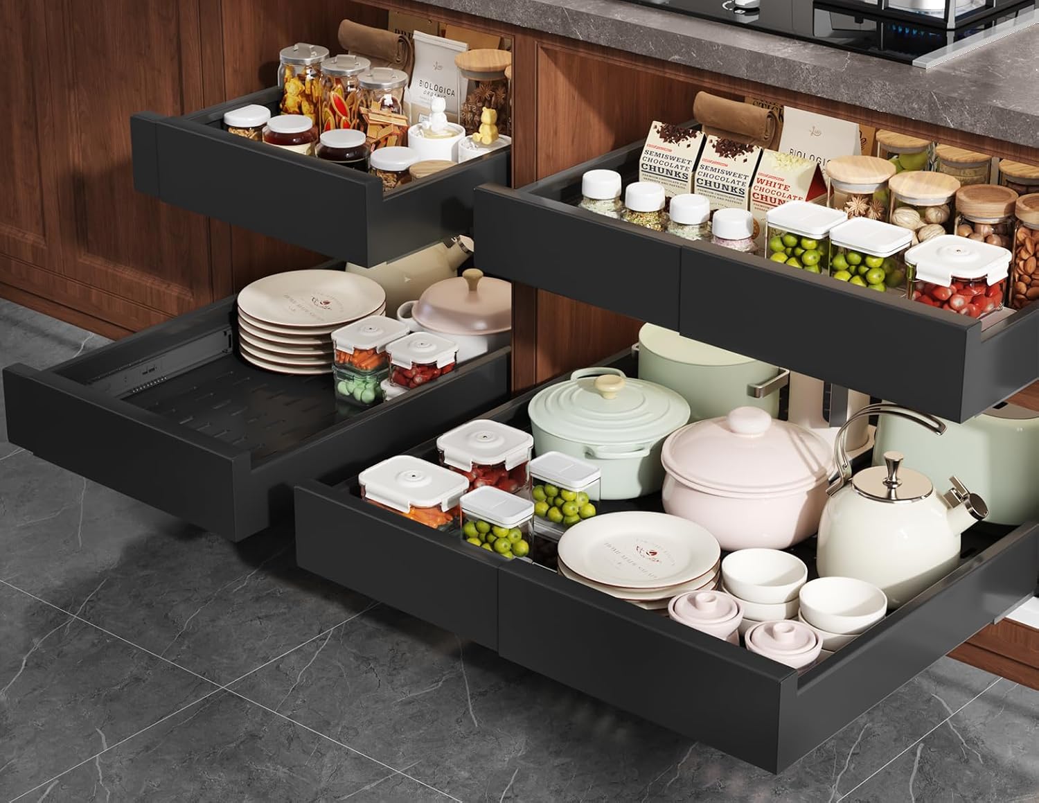 Pull Out Cabinet Organizer with Adjustable Width and Depth