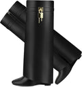 Fold Over Boots for Women Pointy Pull-on Wedge Heel Knee Shark Boot If