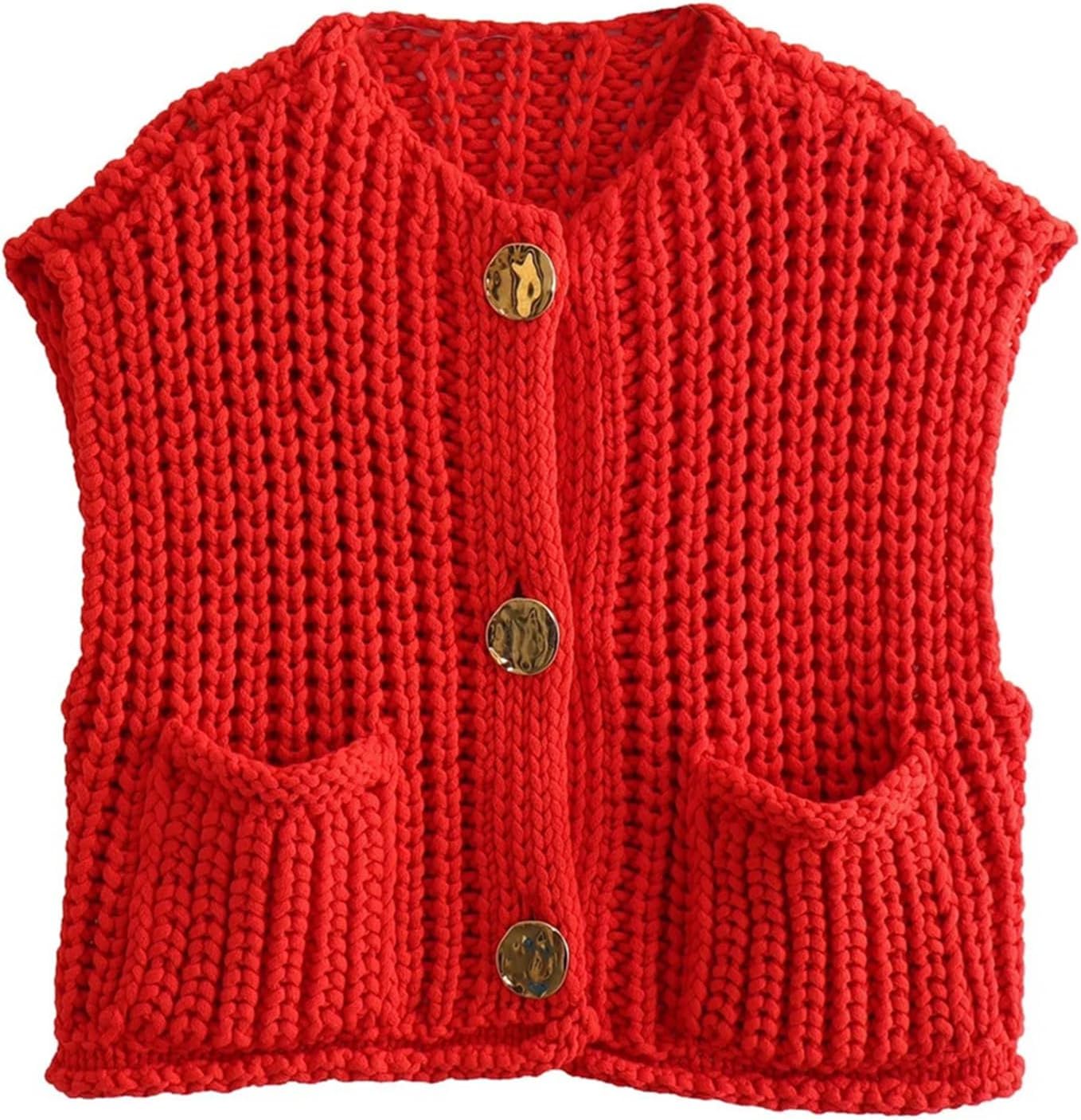 Stylish Women's Sleeveless Cropped Knit Cardigan with Pockets