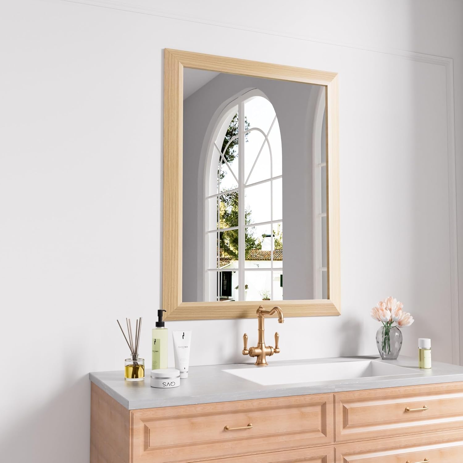 Amorho Bathroom Mirror 28 X36 Inch with Oak Wood Grain Frame