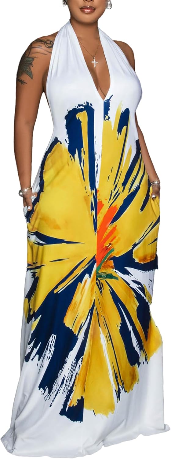 Womens Sexy Summer Dresses Halter Neck Plus Size Maxi Dress