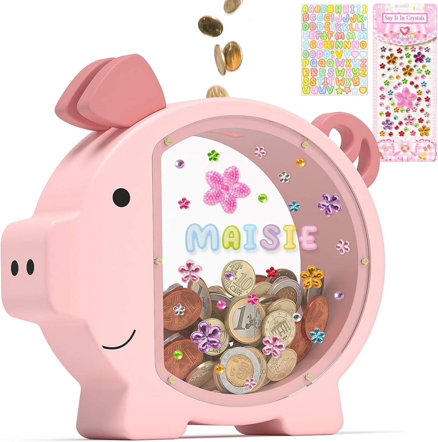 Summidate Pink Piggy Bank for Girls - Unbreakable Wooden Money Box