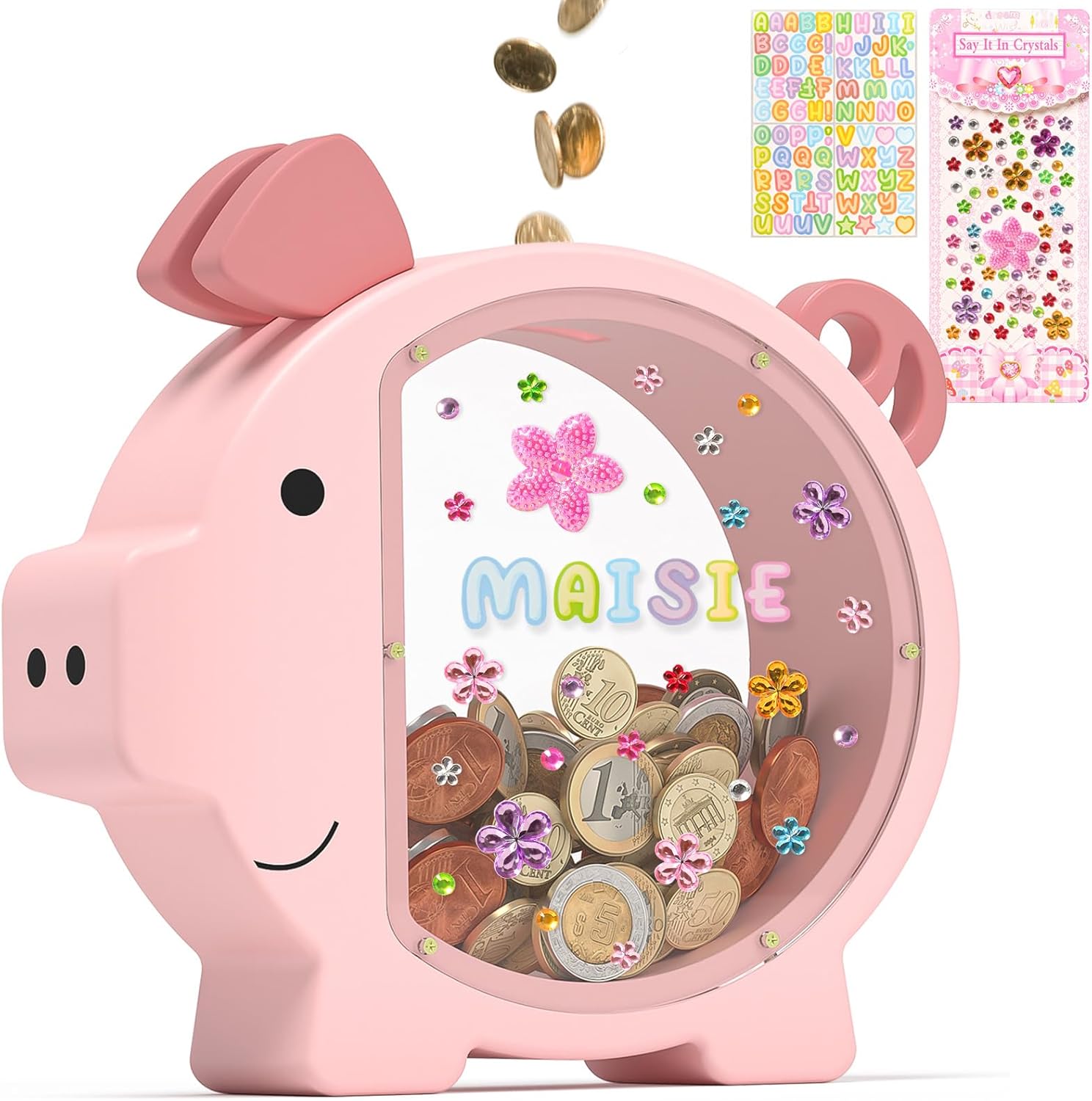 Summidate Pink Piggy Bank for Girls - Unbreakable Wooden Money Box