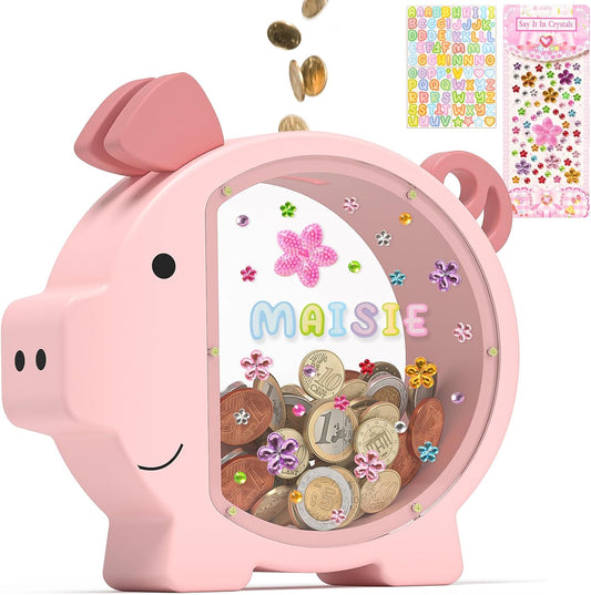Summidate Pink Piggy Bank for Girls - Unbreakable Wooden Money Box