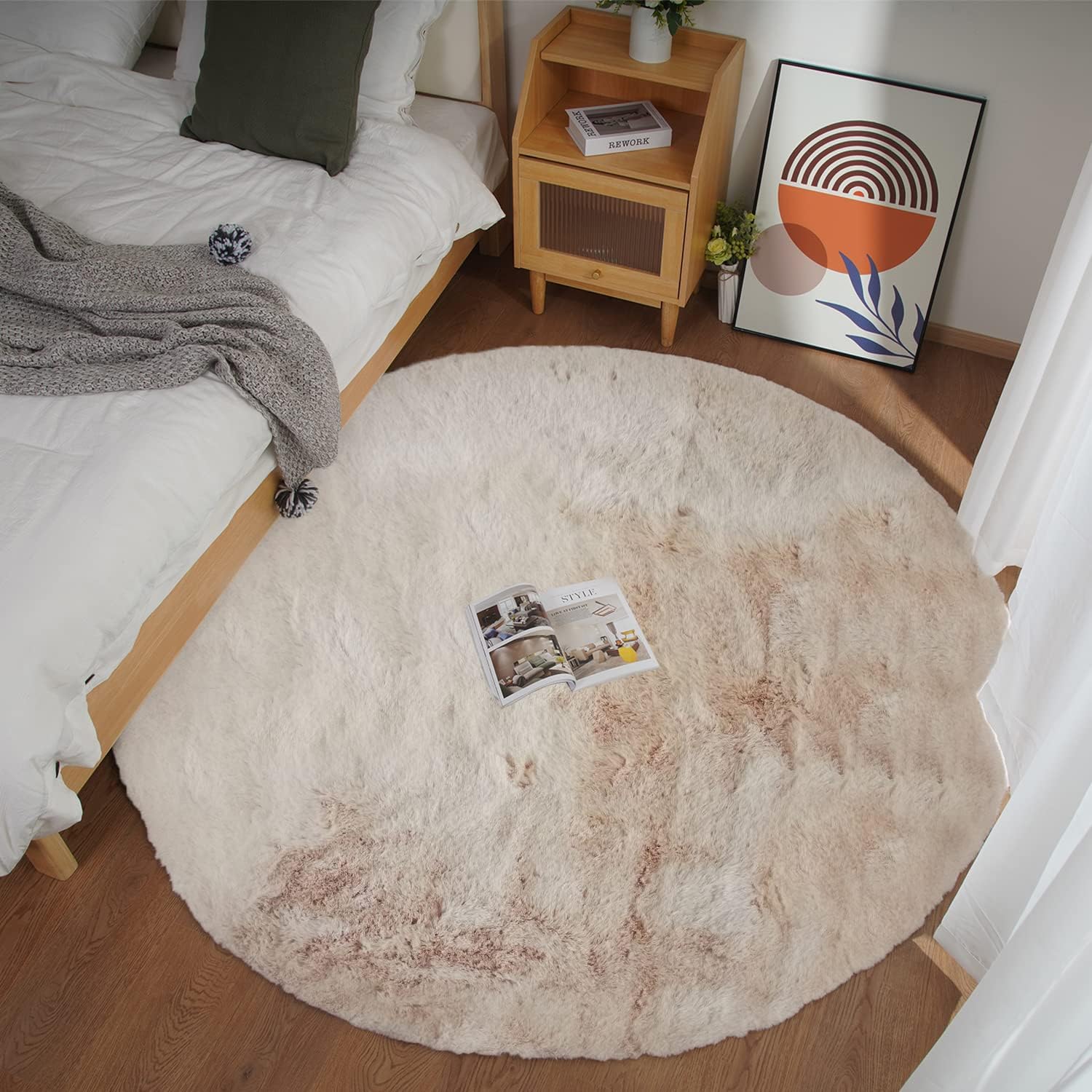Faux Rabbit Fur Round Rug 6ft Light Brown for Cozy Decor