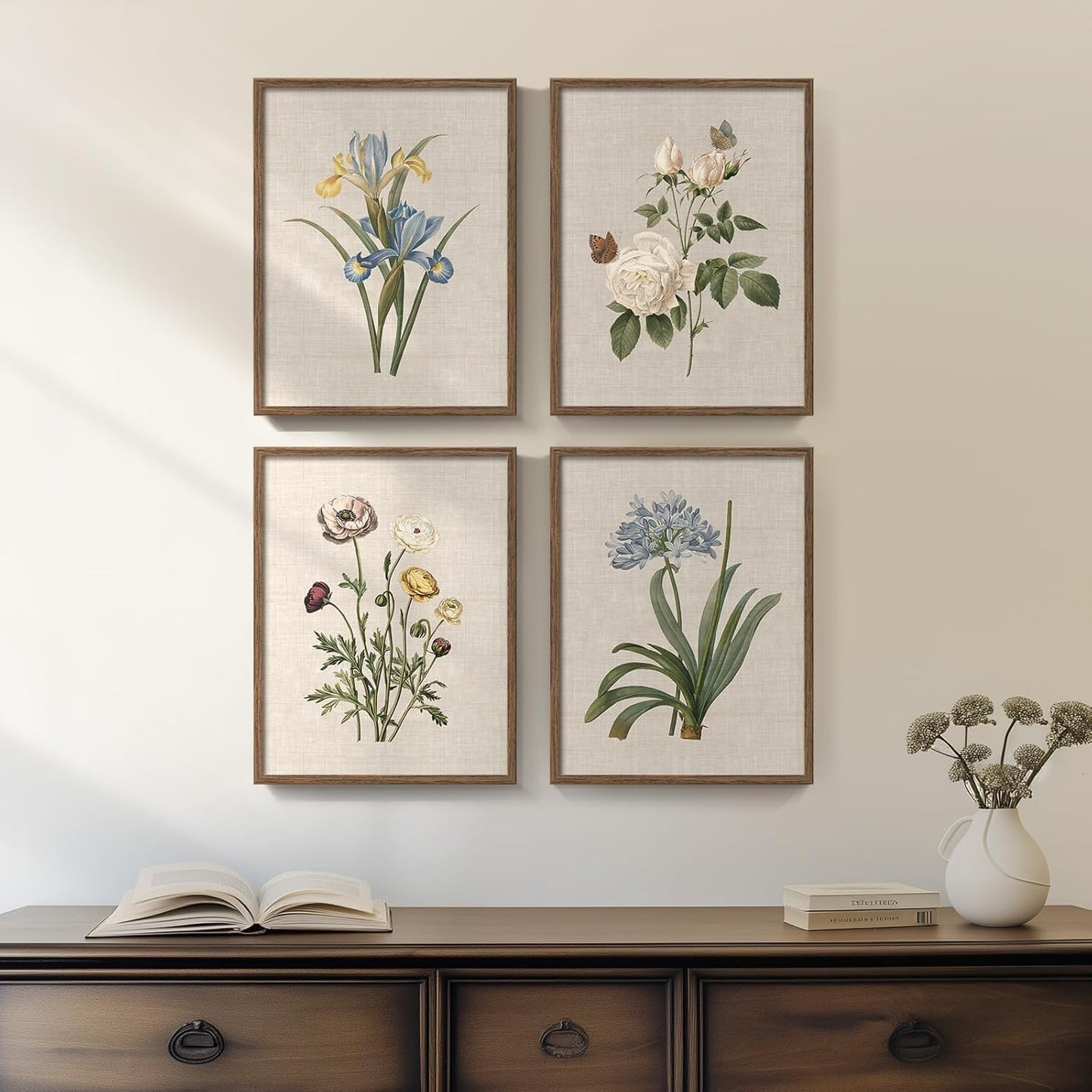 Framed Botanical Floral Wall Art Set for Rustic Home Decor