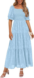 PRETTYGARDEN Summer Midi Dress Square Neck Smocked A-Line - Flowy Boho