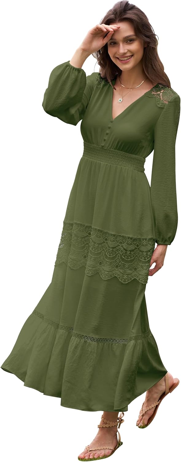 Long Sleeve Maxi Dress for Women - Boho Flowy Wedding Guest